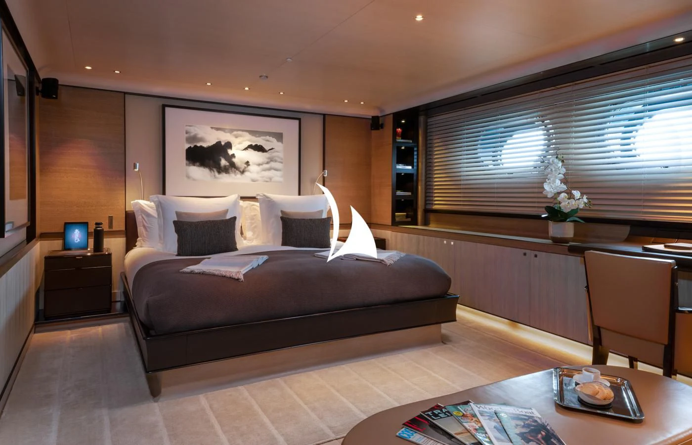 a large bed in a room aboard ASAHI Yacht for Sale