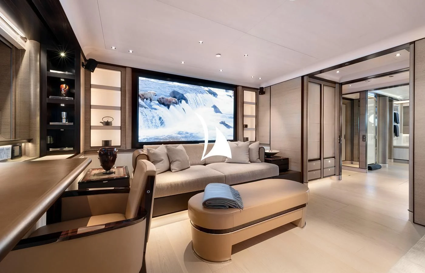 a living room with a large screen aboard ASAHI Yacht for Sale