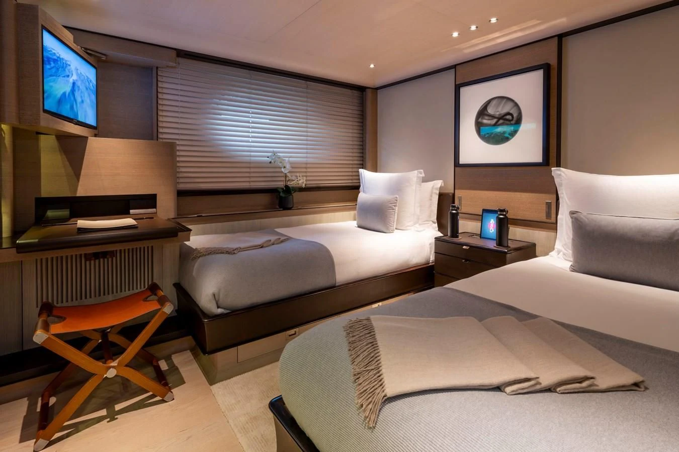 a room with two beds aboard ASAHI Yacht for Sale