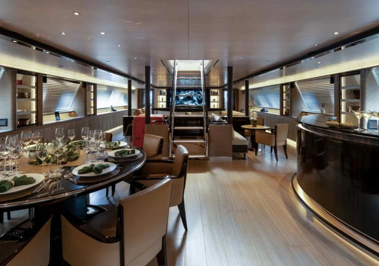 a large kitchen and dining area aboard ASAHI Yacht for Sale