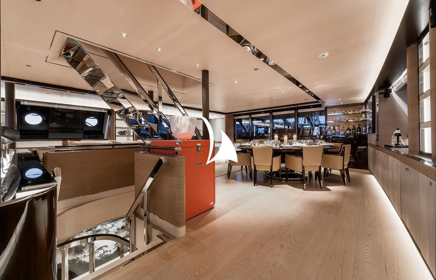 a room with a table and chairs aboard ASAHI Yacht for Sale