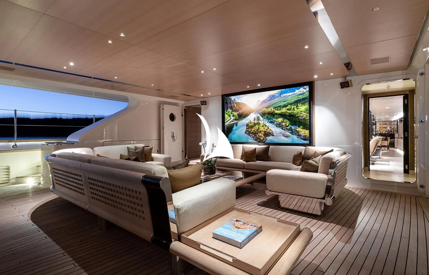 a living room with a large window aboard ASAHI Yacht for Sale