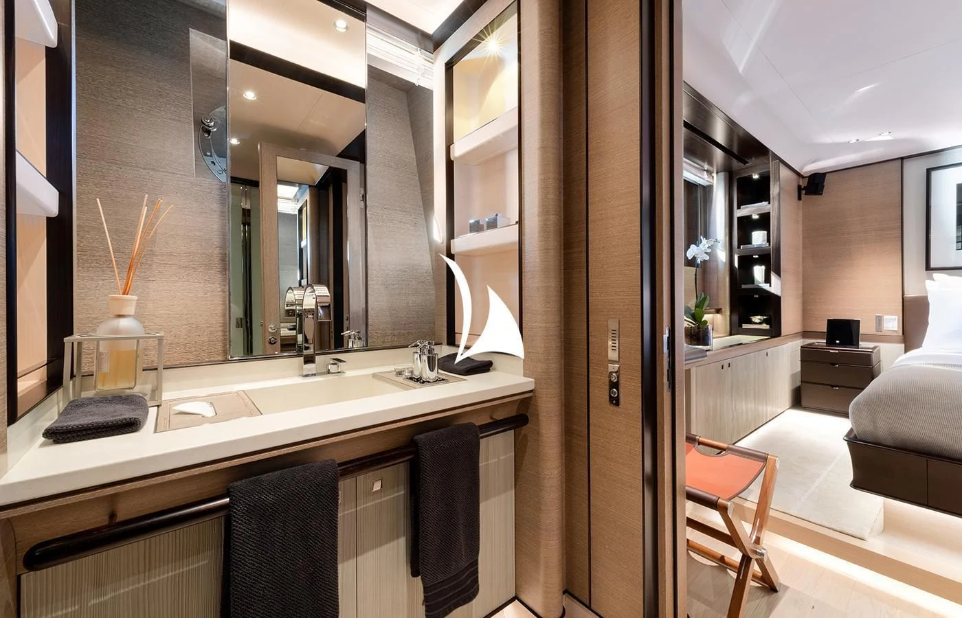 a bathroom with a sink and a mirror aboard ASAHI Yacht for Sale