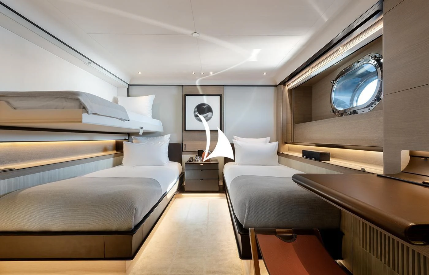 a room with a bed and a desk aboard ASAHI Yacht for Sale