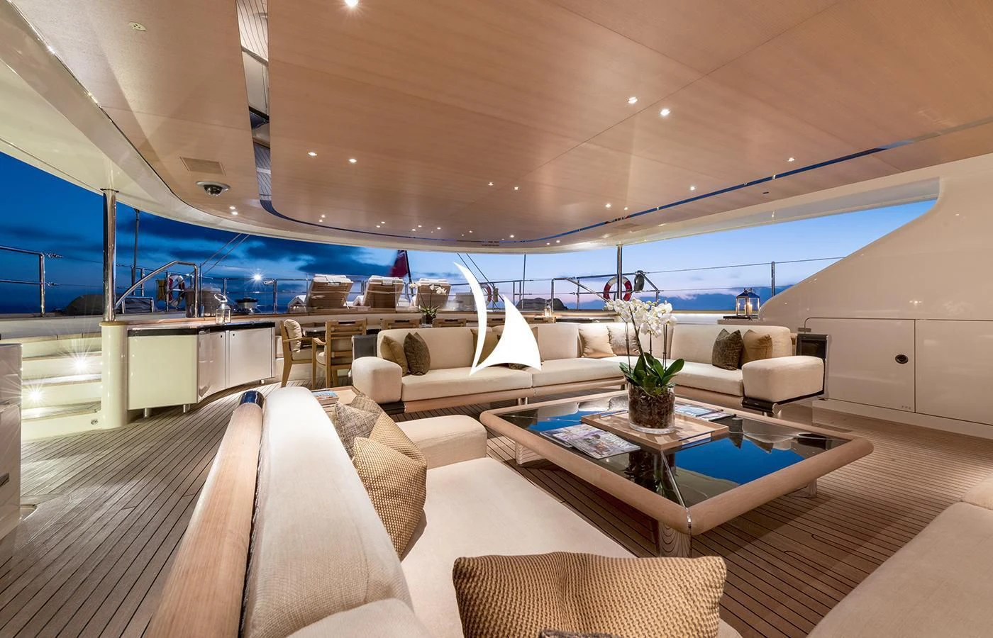 a modern looking living room aboard ASAHI Yacht for Sale