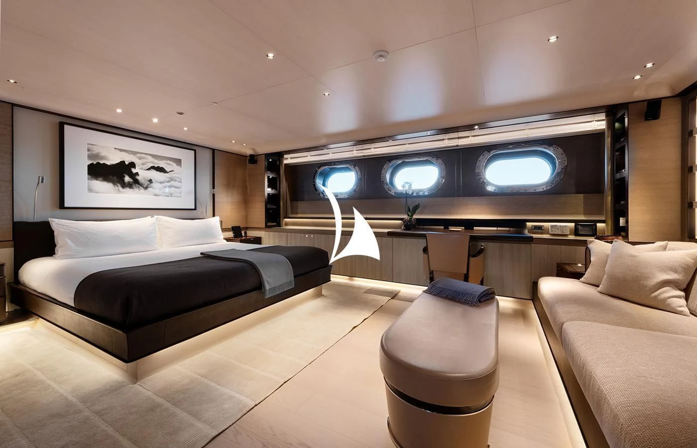 a hotel room with a bed and a tv aboard ASAHI Yacht for Sale