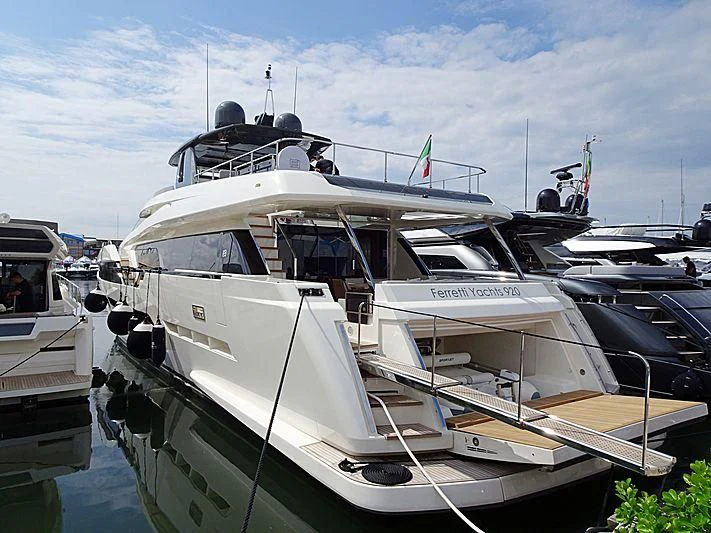 a boat docked at a pier aboard LADY F Yacht for Sale