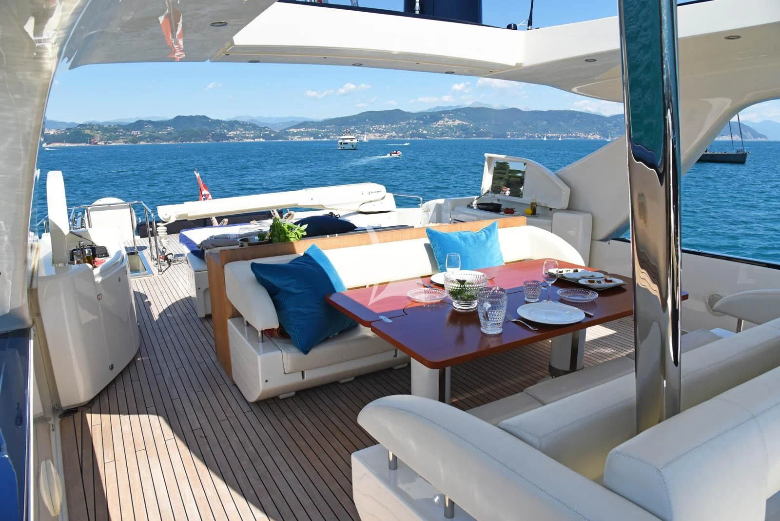 a table on a boat aboard ANYTHING GOES IV Yacht for Sale