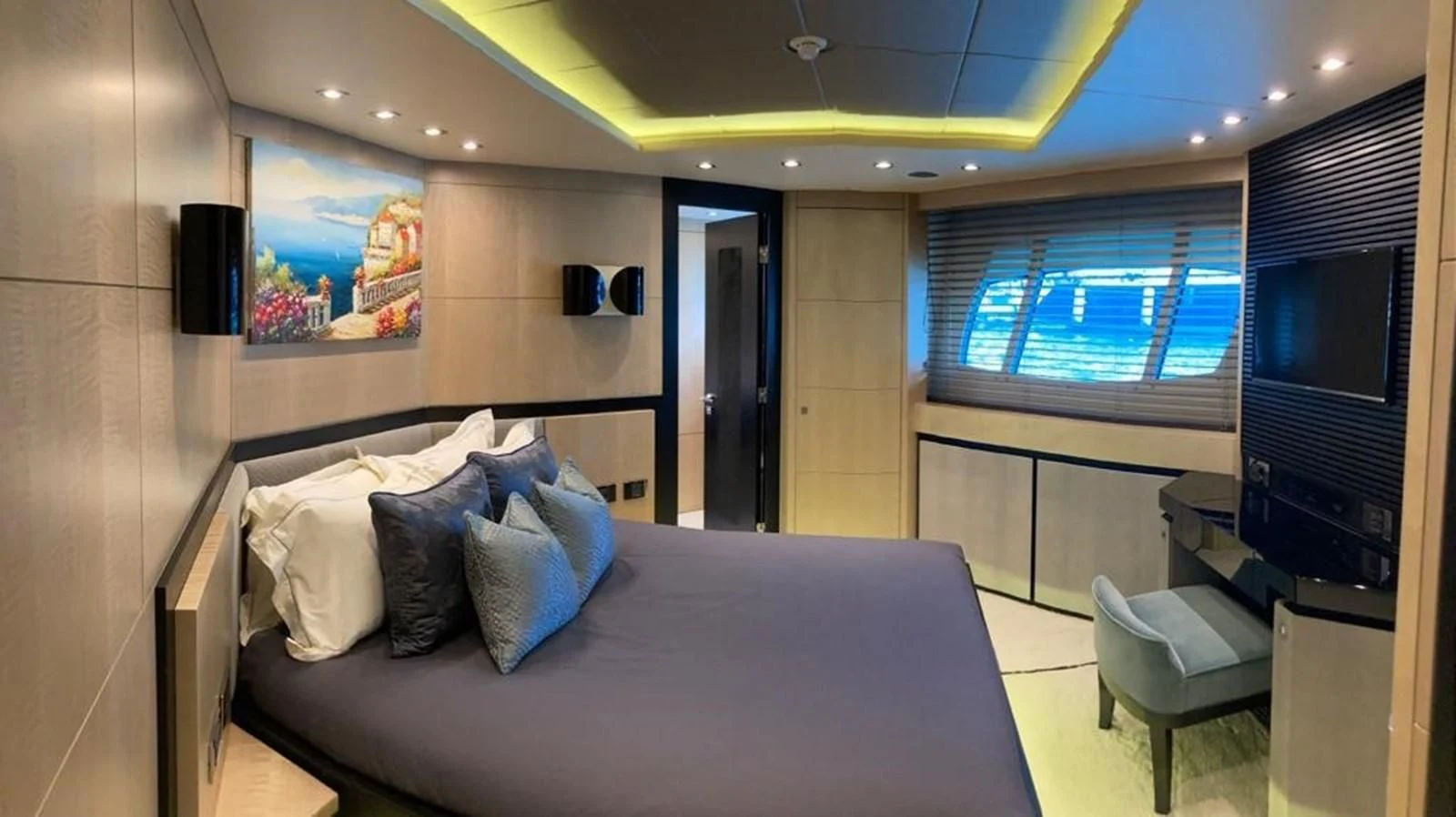 a bed in a room aboard R2 Yacht for Sale