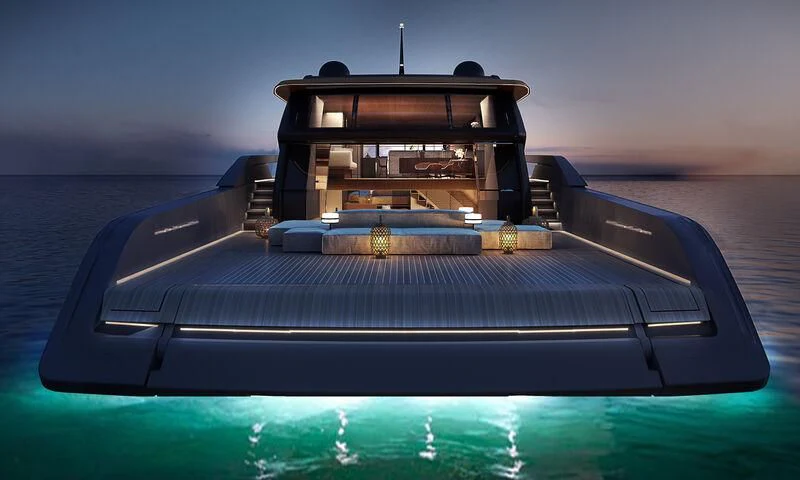 a car with a large engine aboard ANMAX Yacht for Sale