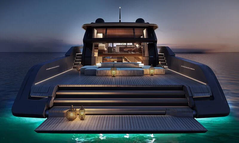 a close-up of a blue car aboard ANMAX Yacht for Sale