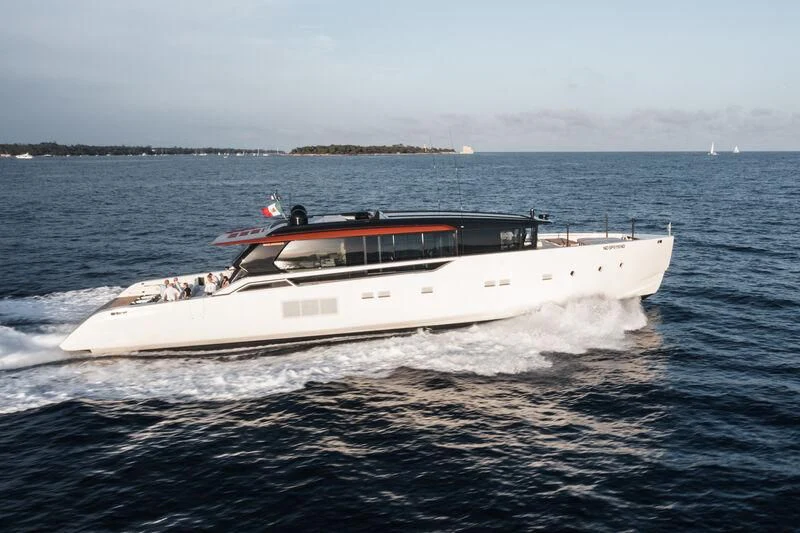 a white boat on the water aboard ANMAX Yacht for Sale
