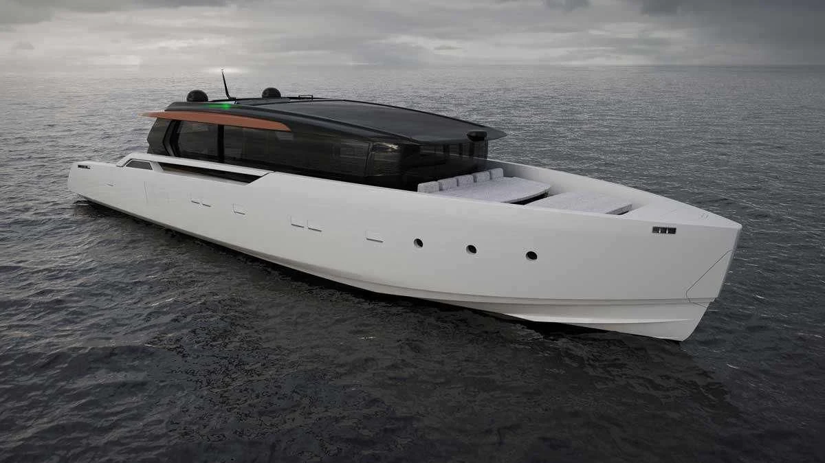a white boat on the water aboard ANMAX Yacht for Sale