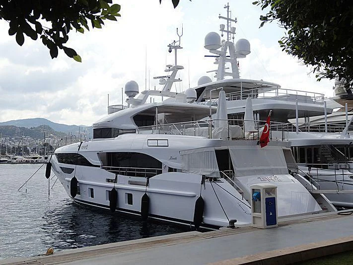 a large white boat docked aboard ZEHRA 1 Yacht for Sale