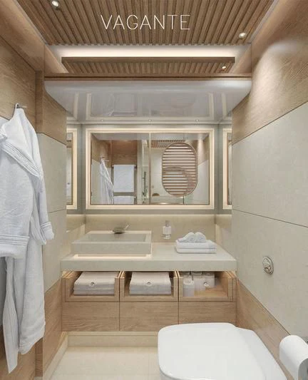 a bathroom with a large mirror aboard VAGANTE Yacht for Sale
