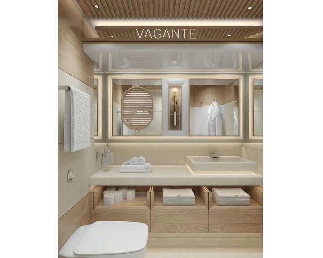 a bathroom with a large mirror aboard VAGANTE Yacht for Sale