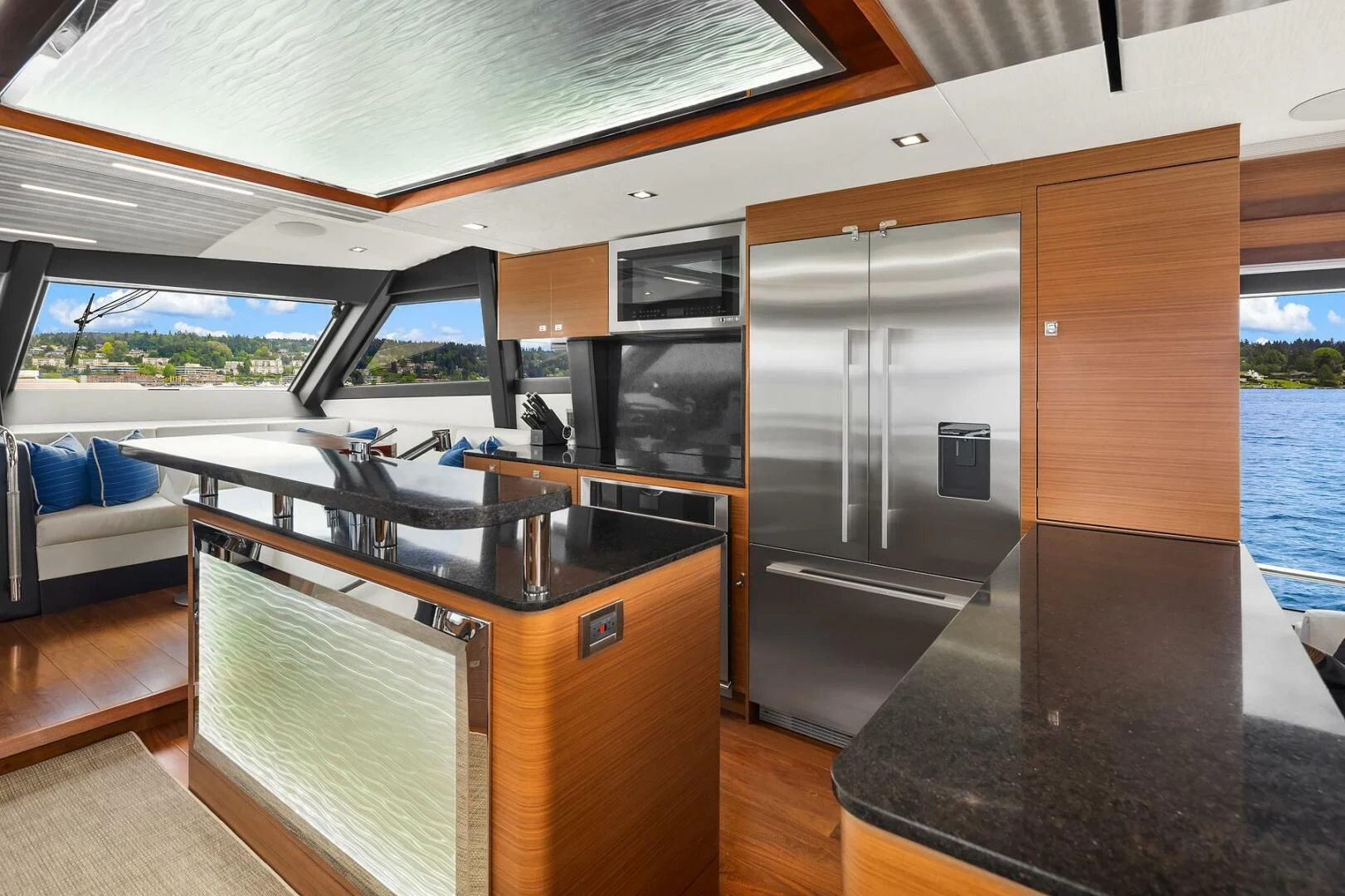 a room with a large glass door aboard PLAYBOOK Yacht for Sale