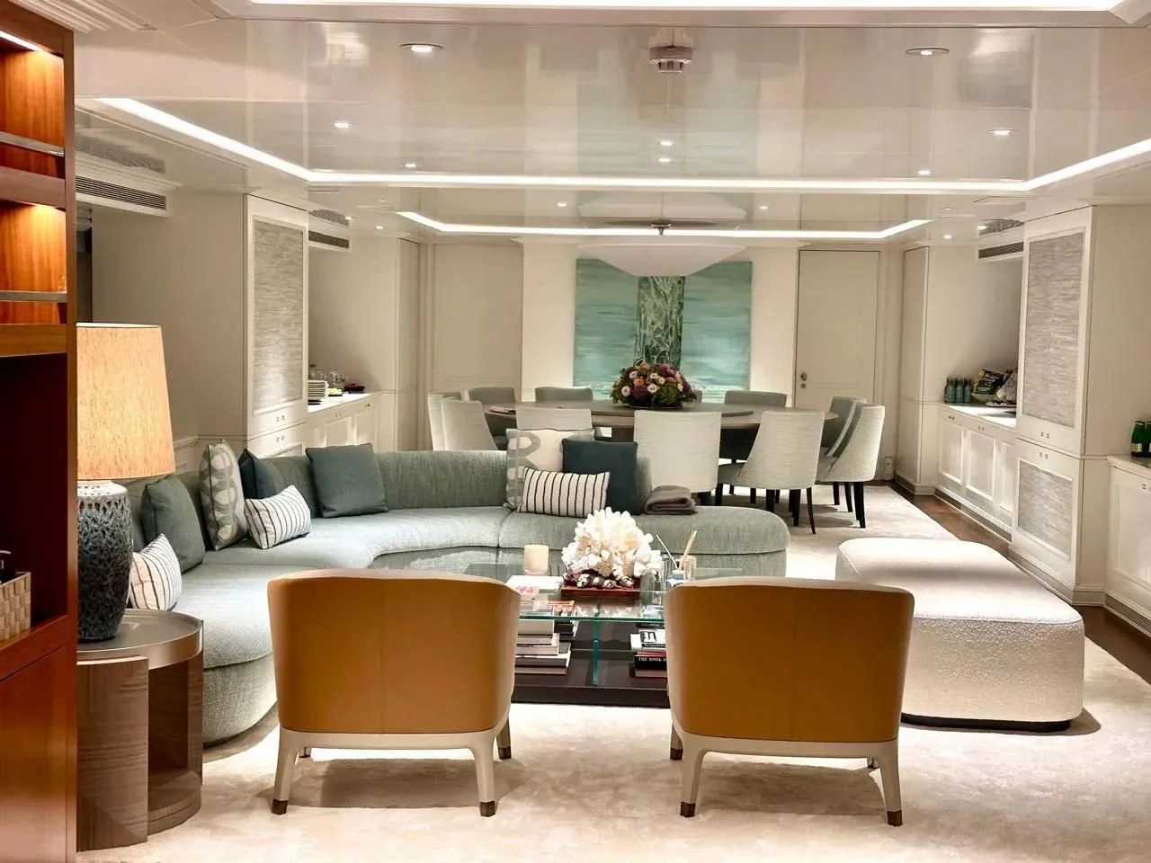 a living room with a couch and chairs aboard IDEFIX II Yacht for Charter