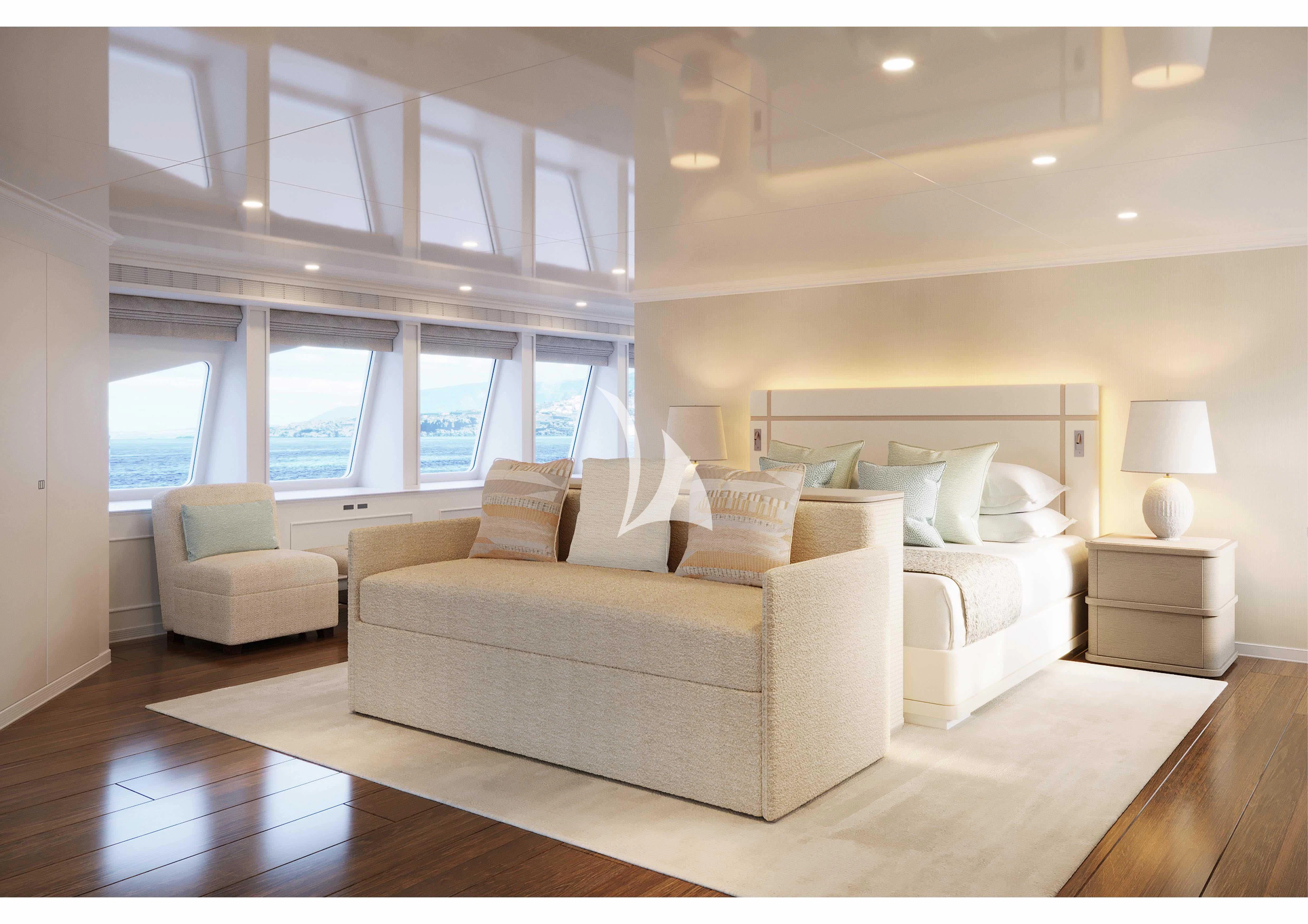 a living room with a large window aboard IDEFIX II Yacht for Charter