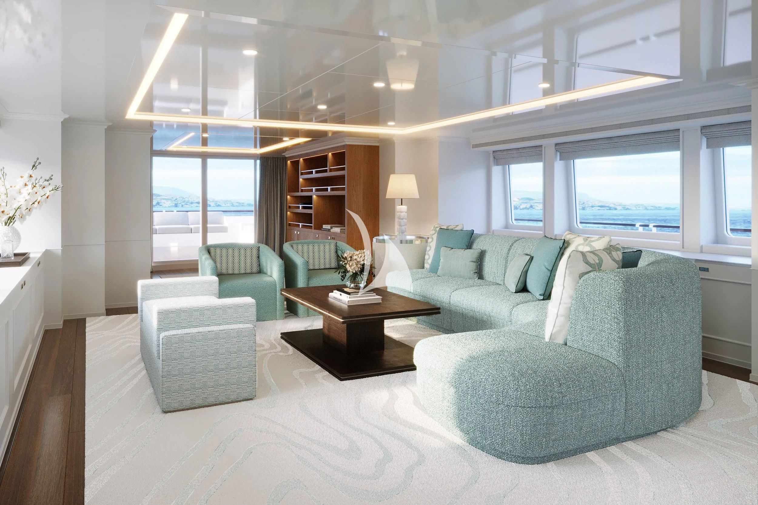 a living room with a large window aboard IDEFIX II Yacht for Charter