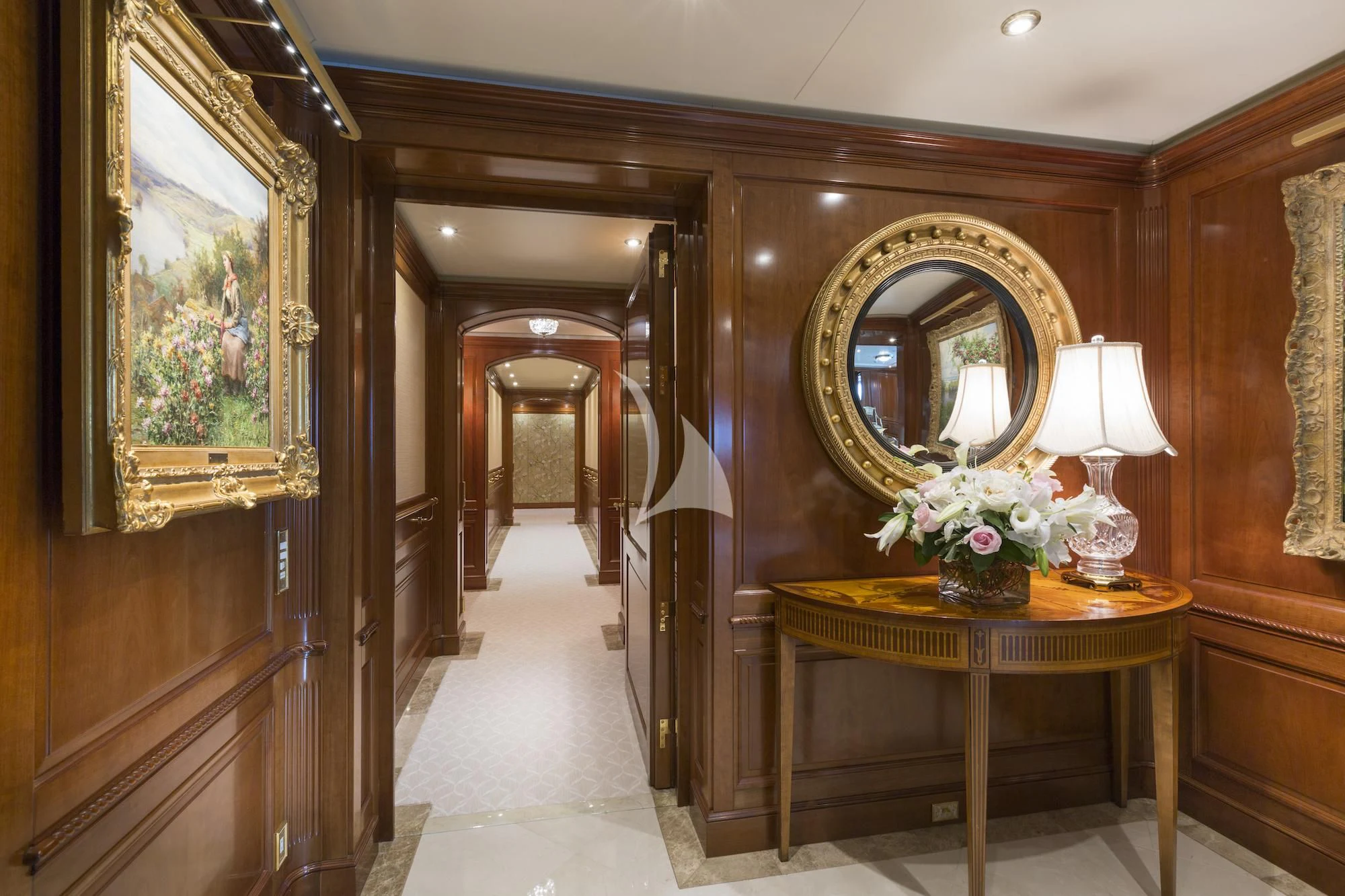 a room with a table and a mirror aboard KATHARINE Yacht for Sale