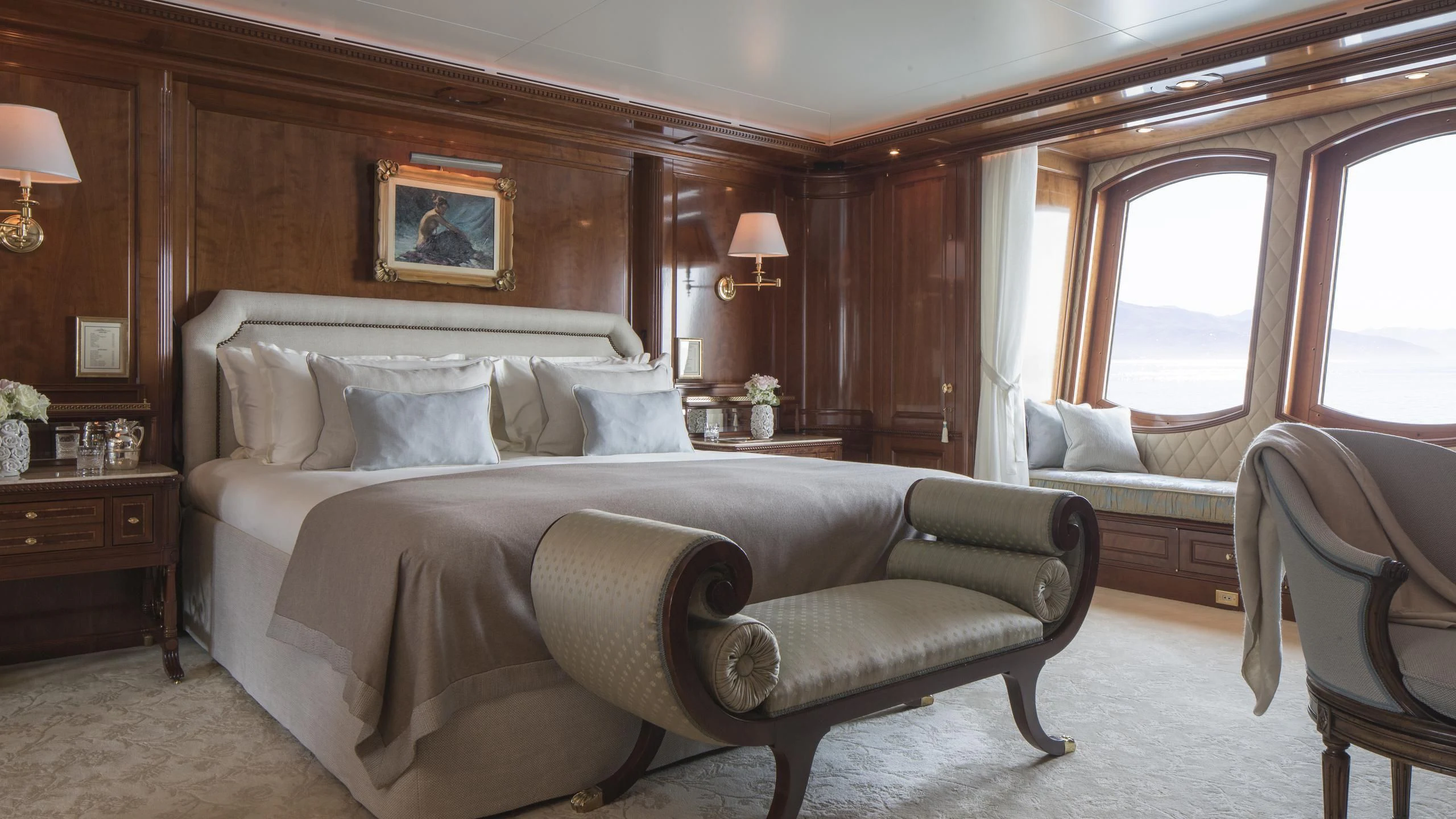a bed in a room aboard KATHARINE Yacht for Sale