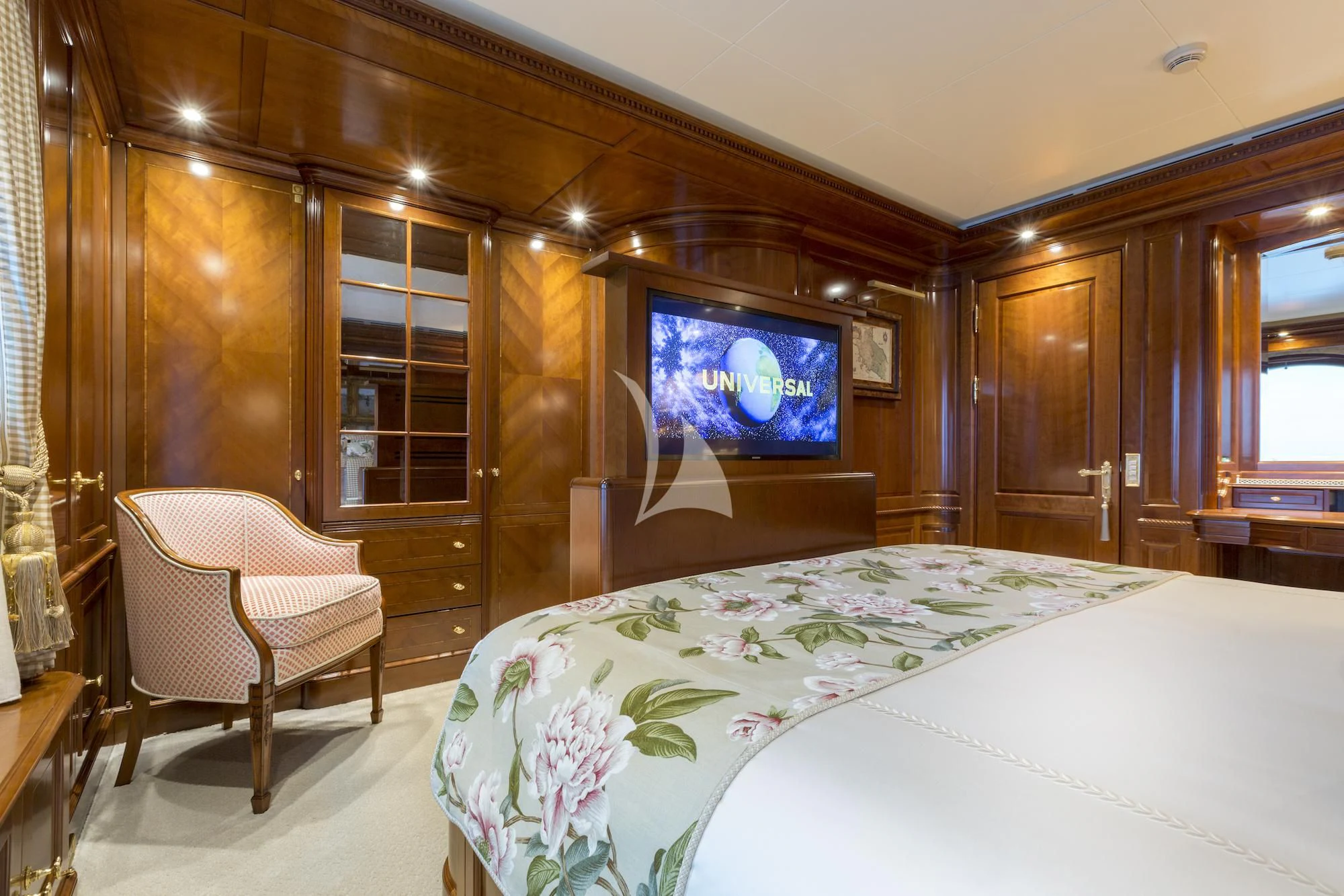 a bed in a room aboard KATHARINE Yacht for Sale