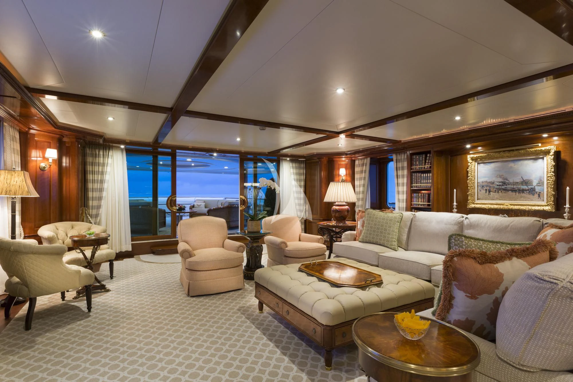 a living room with a large window aboard KATHARINE Yacht for Sale
