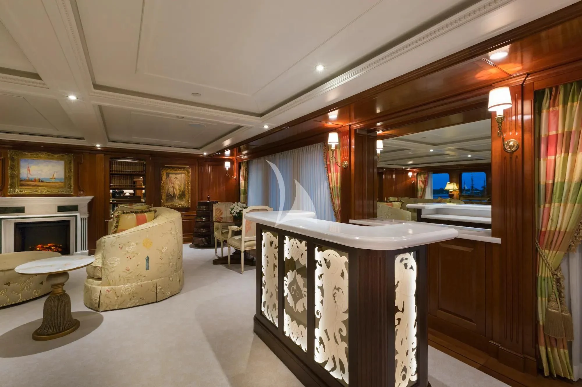 a room with a table and chairs aboard KATHARINE Yacht for Sale
