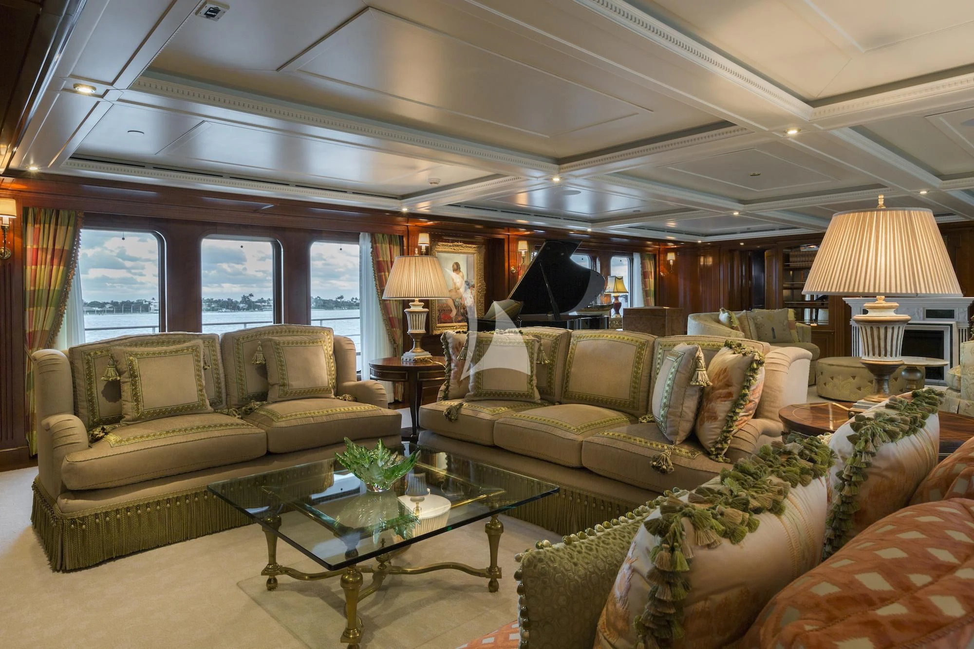 a living room with a large window aboard KATHARINE Yacht for Sale