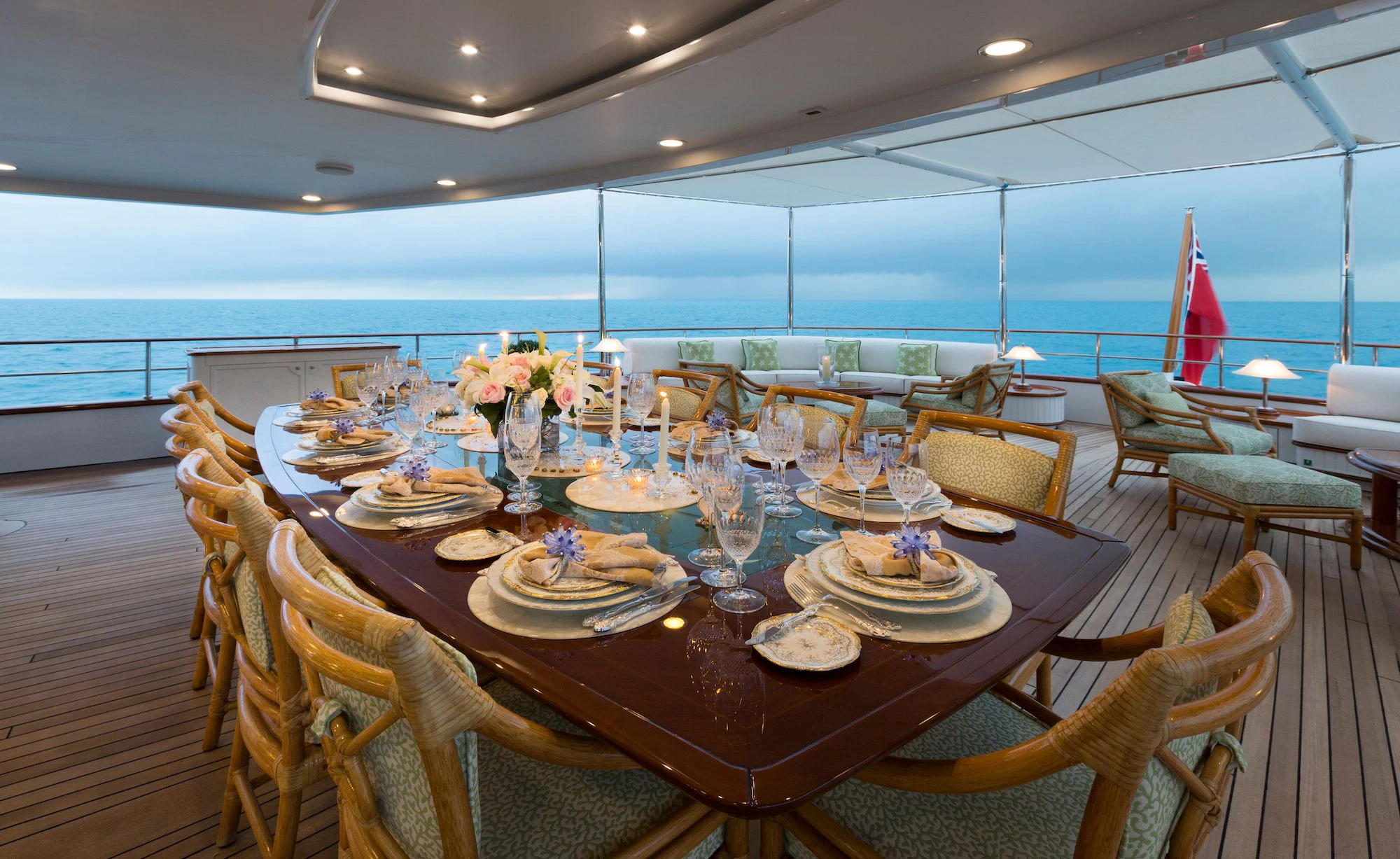 a table set for a dinner party aboard KATHARINE Yacht for Sale