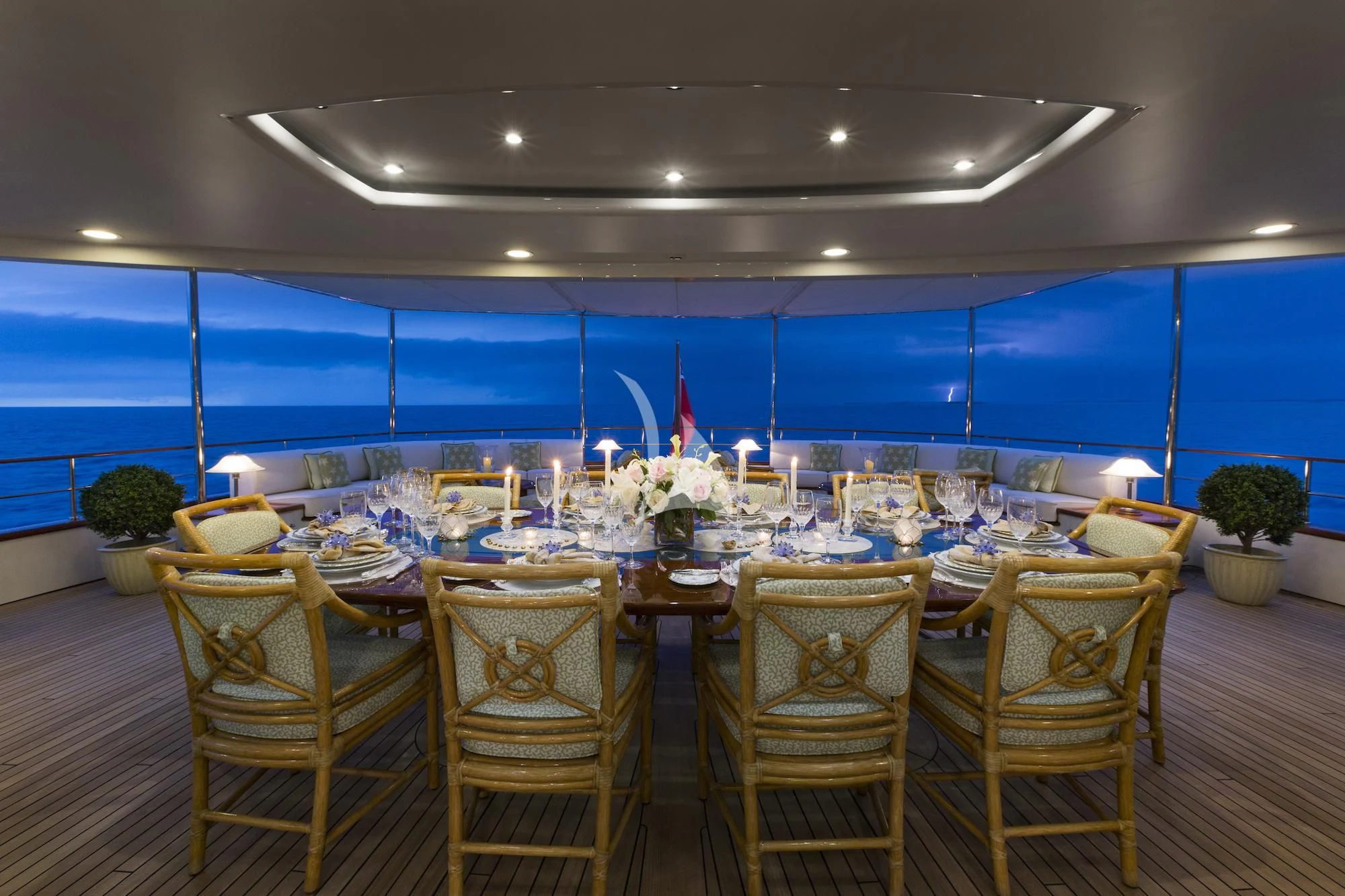 a table set for a banquet aboard KATHARINE Yacht for Sale