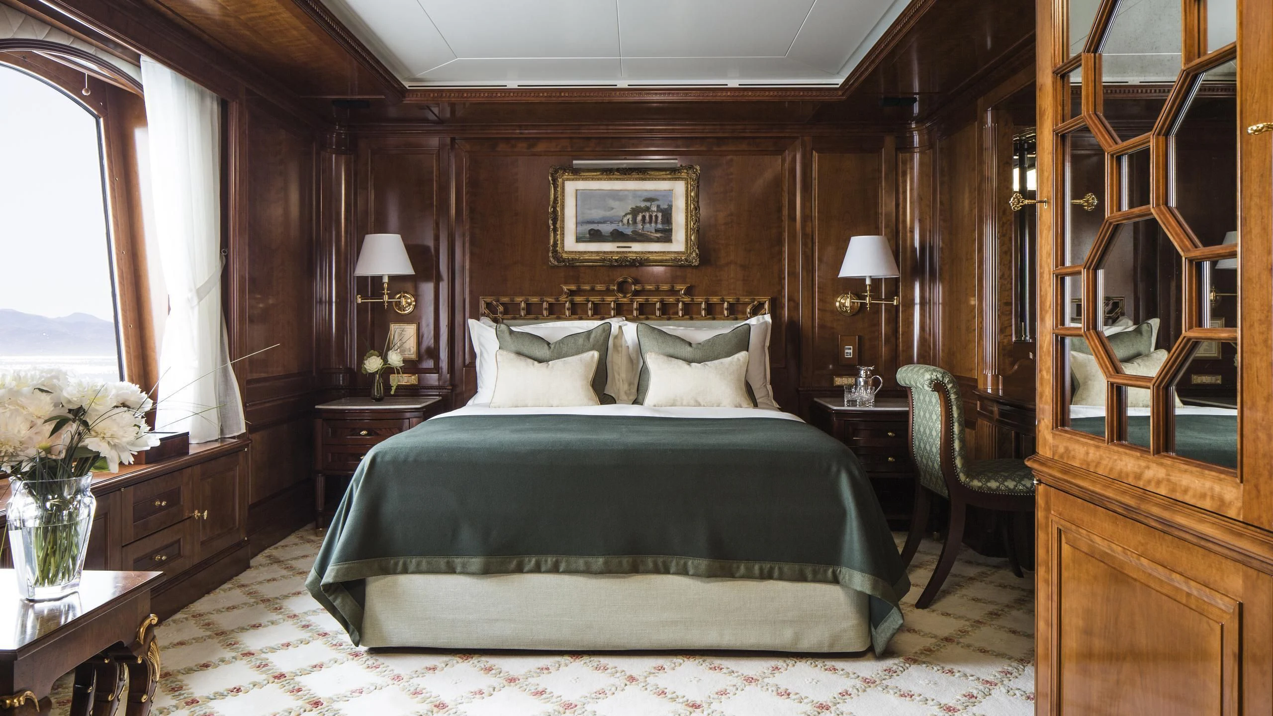 a bed in a room aboard KATHARINE Yacht for Sale