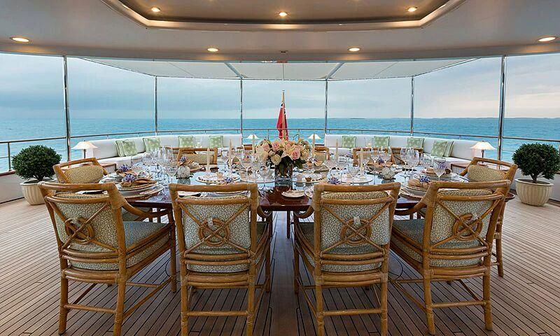 a table set for a wedding reception aboard KATHARINE Yacht for Sale