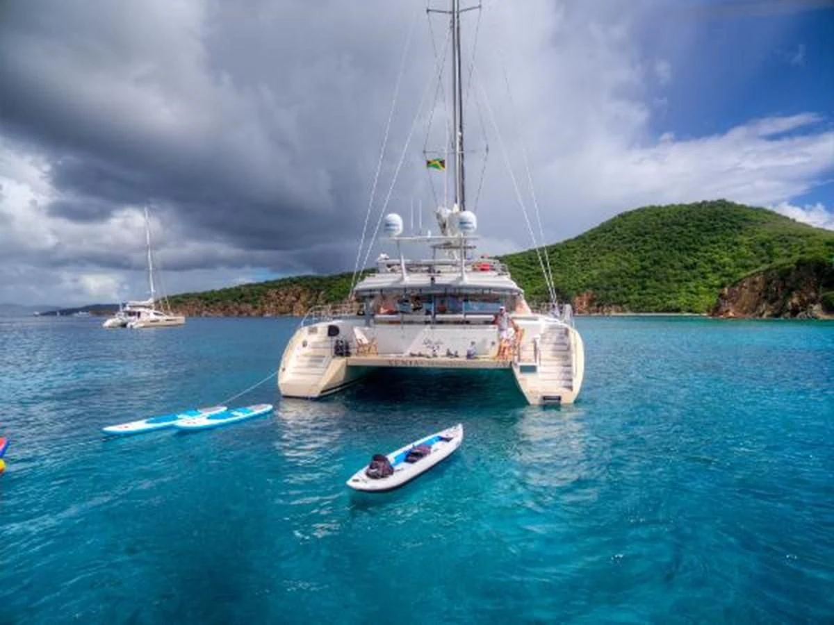 a boat in the water aboard 74' PRIVILEGE 2010 Yacht for Sale