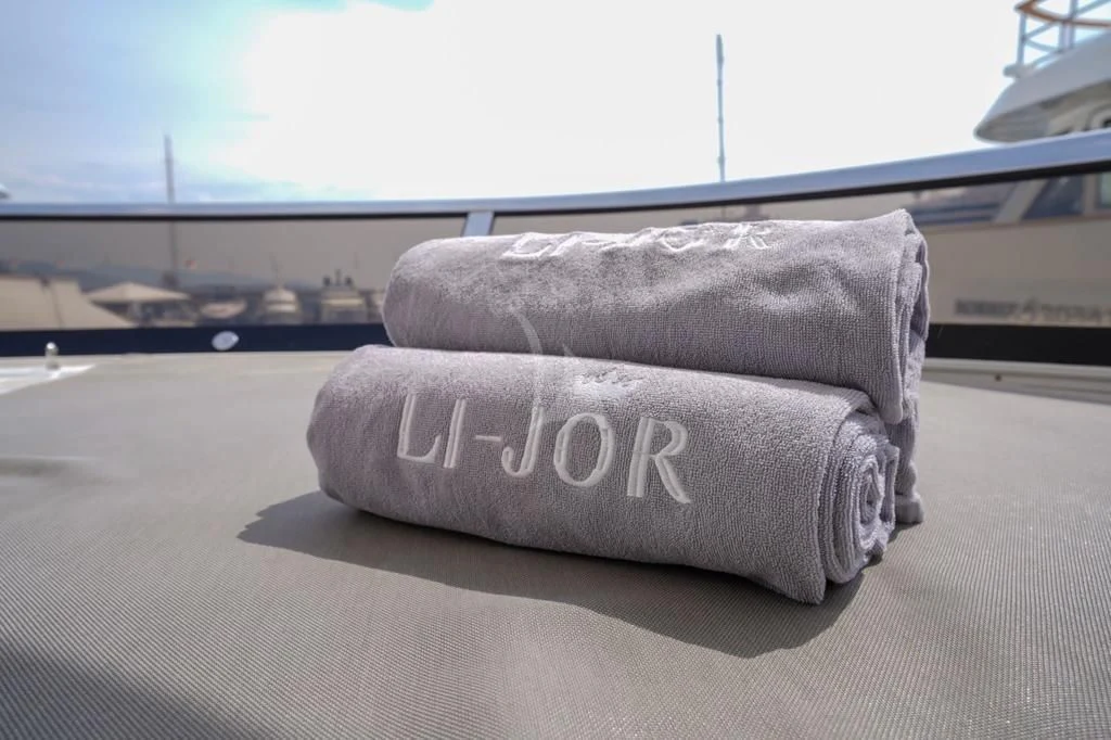 a grey pillow on a grey surface aboard LI-JOR Yacht for Sale