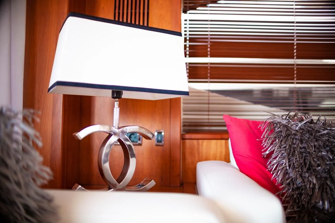 a lamp on a table aboard LI-JOR Yacht for Sale
