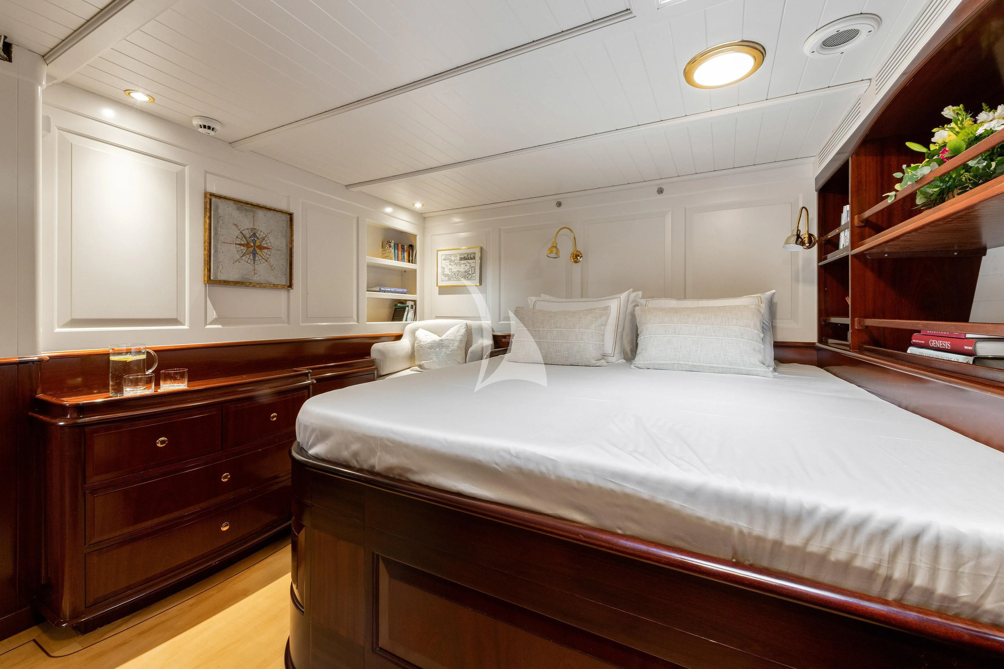 a bedroom with a large bed aboard WINDROSE OF AMSTERDAM Yacht for Sale