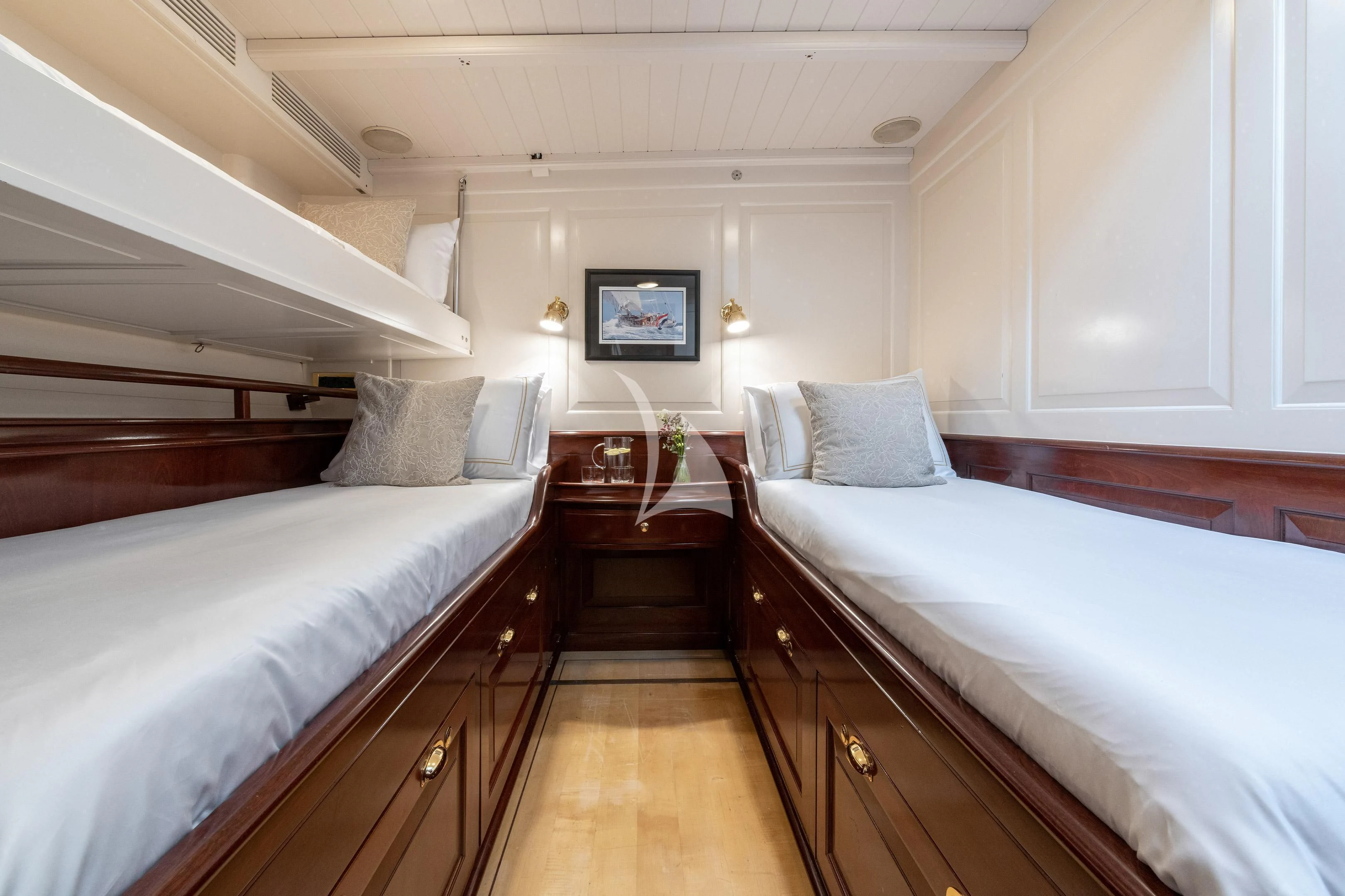 a room with two beds aboard WINDROSE OF AMSTERDAM Yacht for Sale
