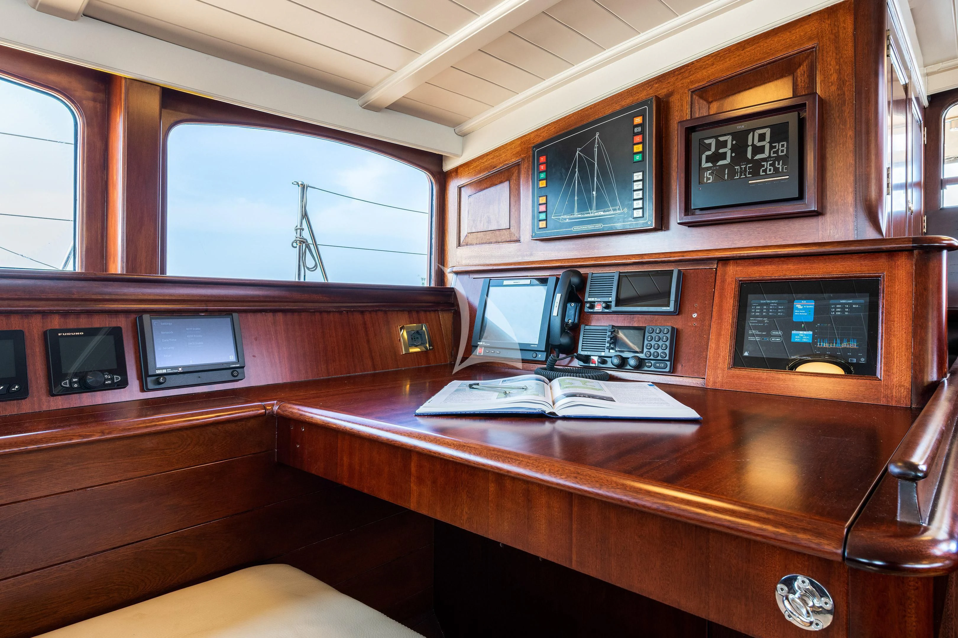a wooden desk with computers aboard WINDROSE OF AMSTERDAM Yacht for Sale