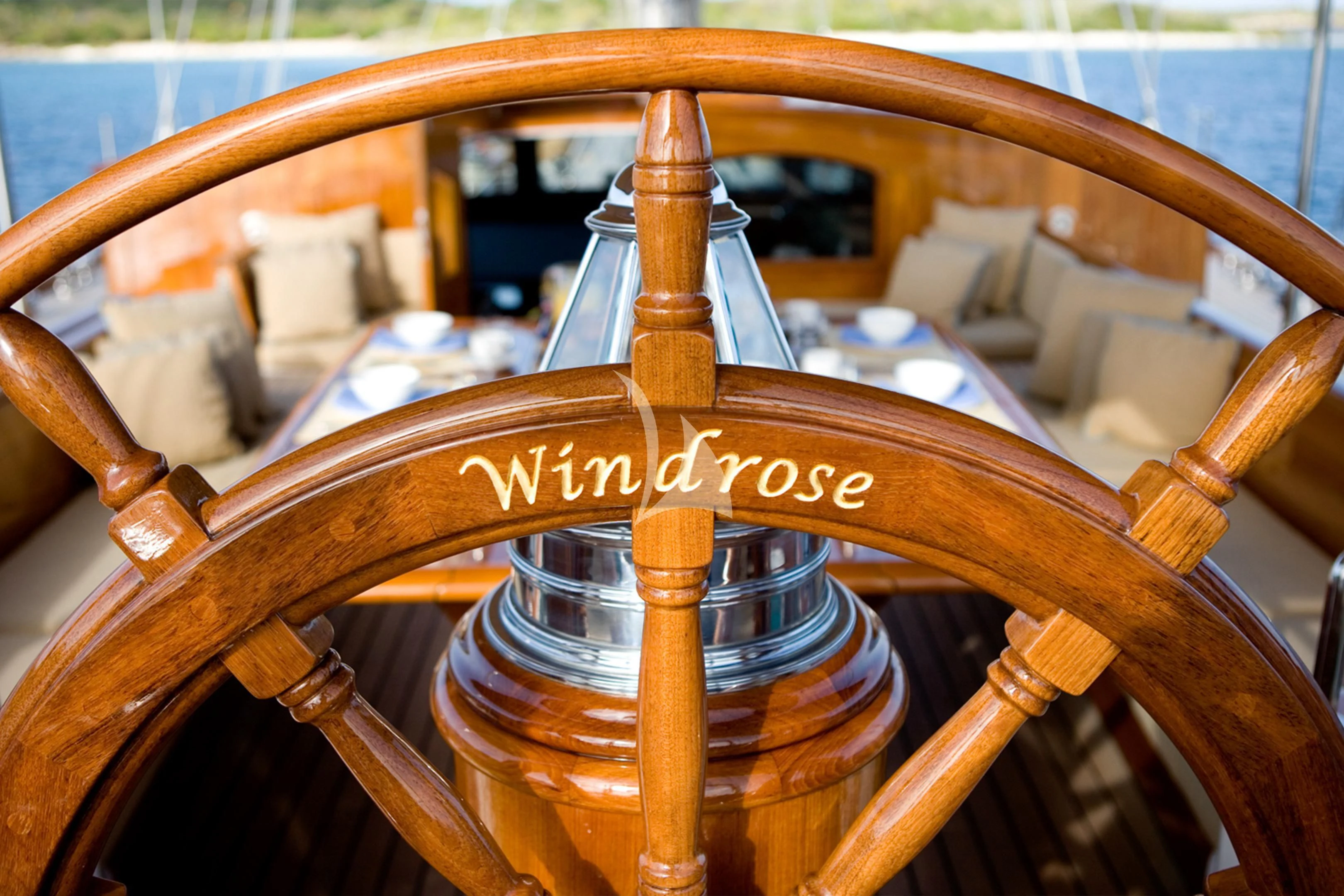 a wooden steering wheel aboard WINDROSE OF AMSTERDAM Yacht for Sale