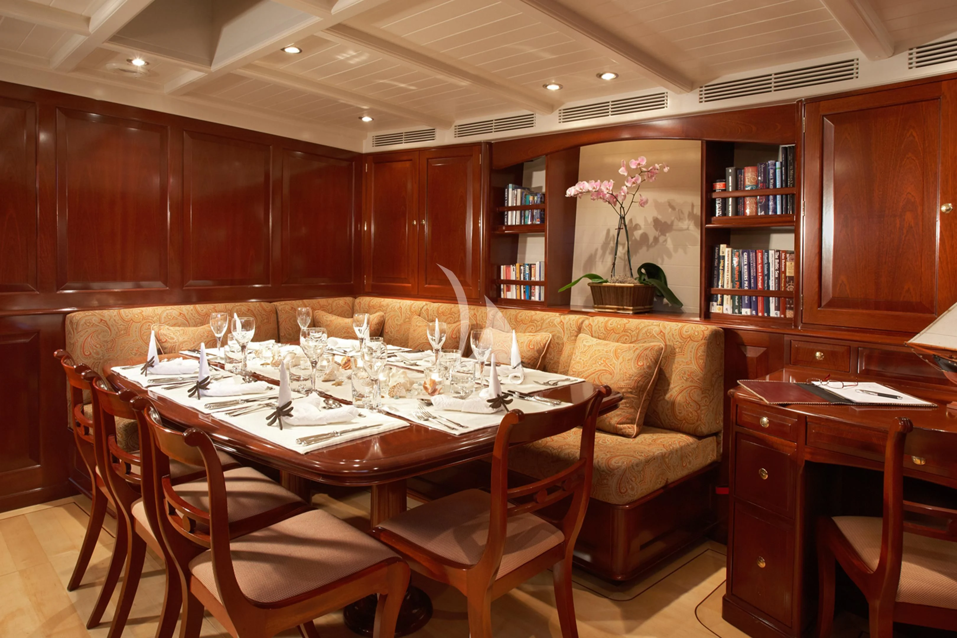 a room with a table and chairs aboard WINDROSE OF AMSTERDAM Yacht for Sale