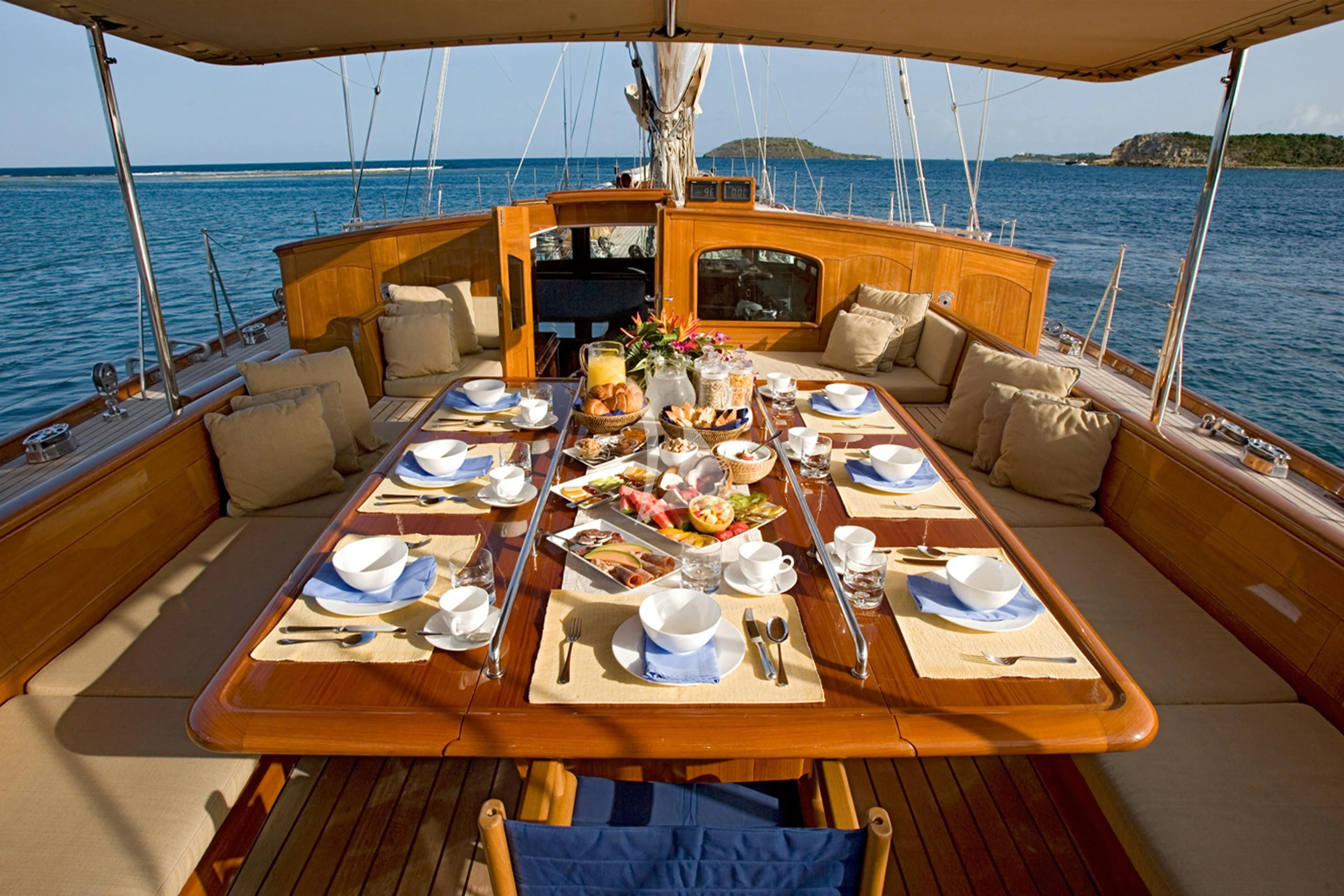 a table on a boat aboard WINDROSE OF AMSTERDAM Yacht for Sale