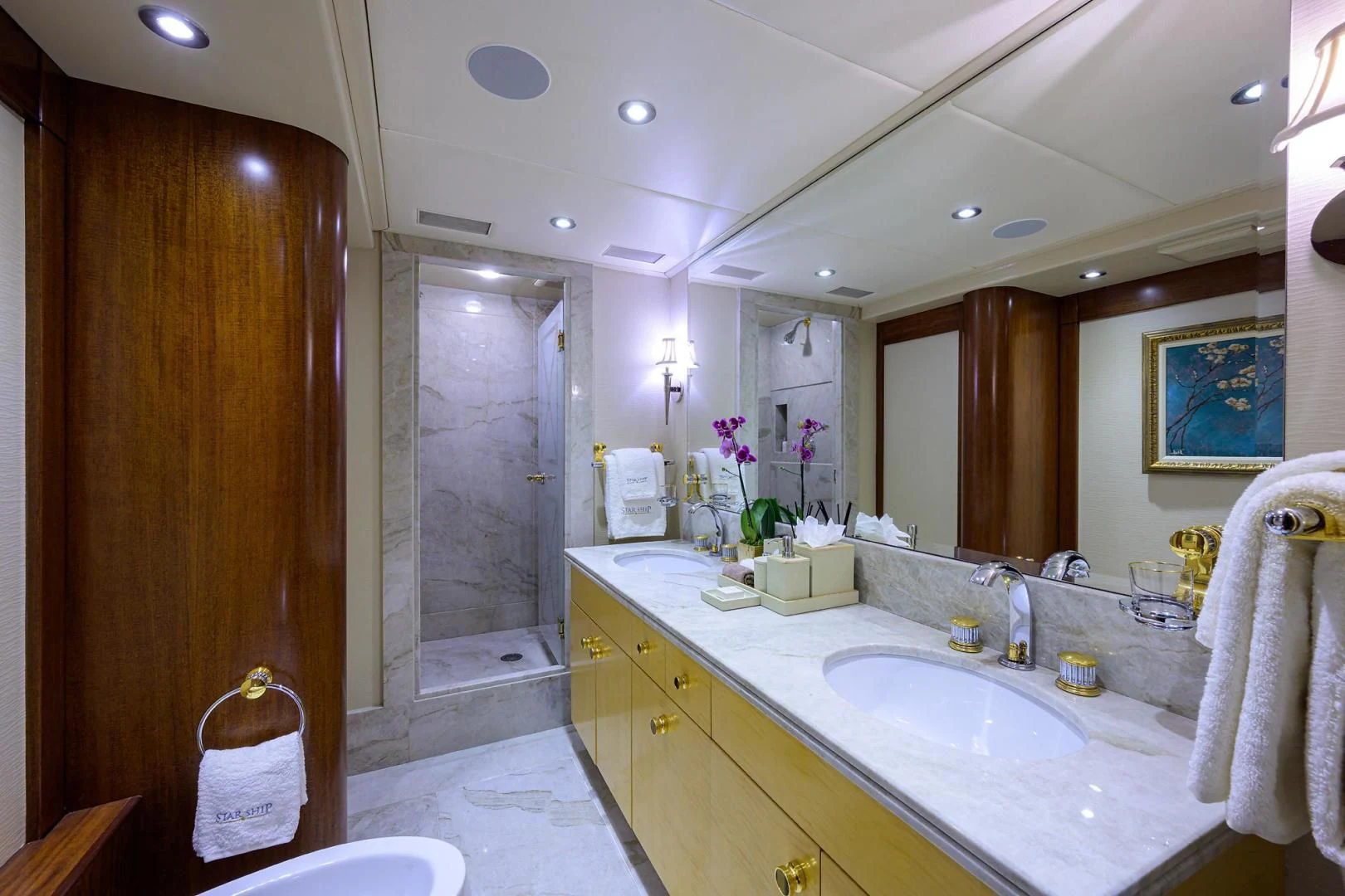 a bathroom with a countertop sink and mirror aboard STARSHIP Yacht for Charter