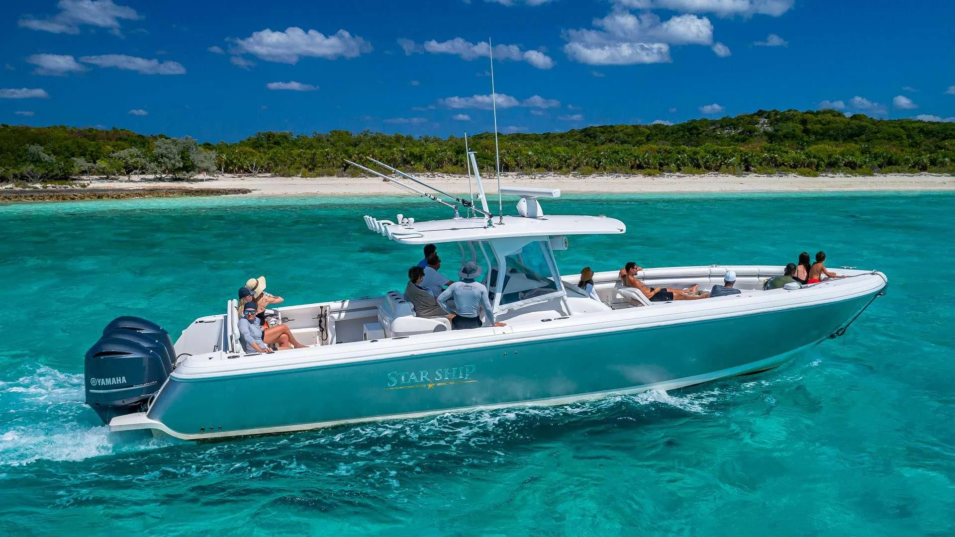 a boat with people on it aboard STARSHIP Yacht for Charter