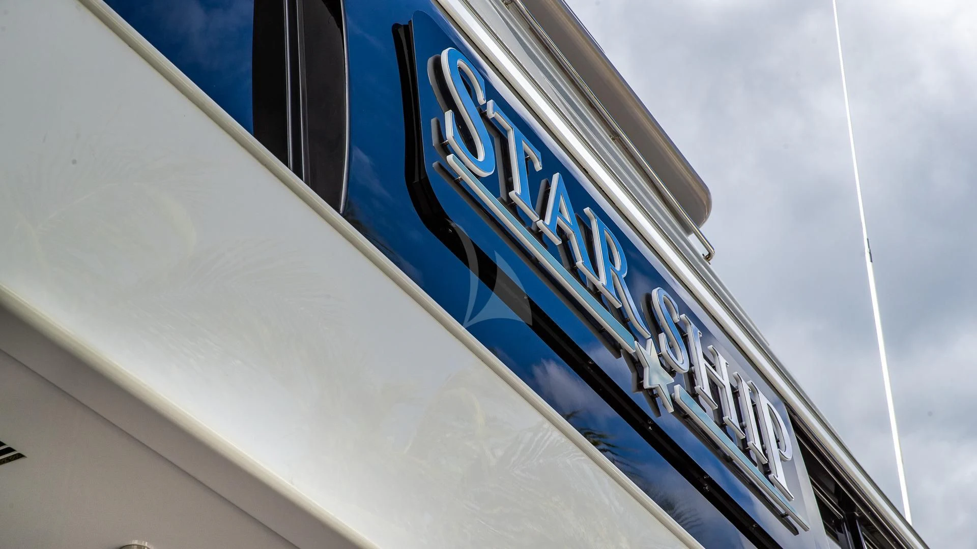 a close-up of a sign aboard STARSHIP Yacht for Charter