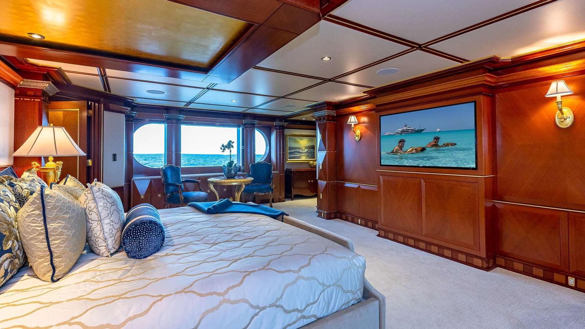 a bed in a room aboard STARSHIP Yacht for Charter