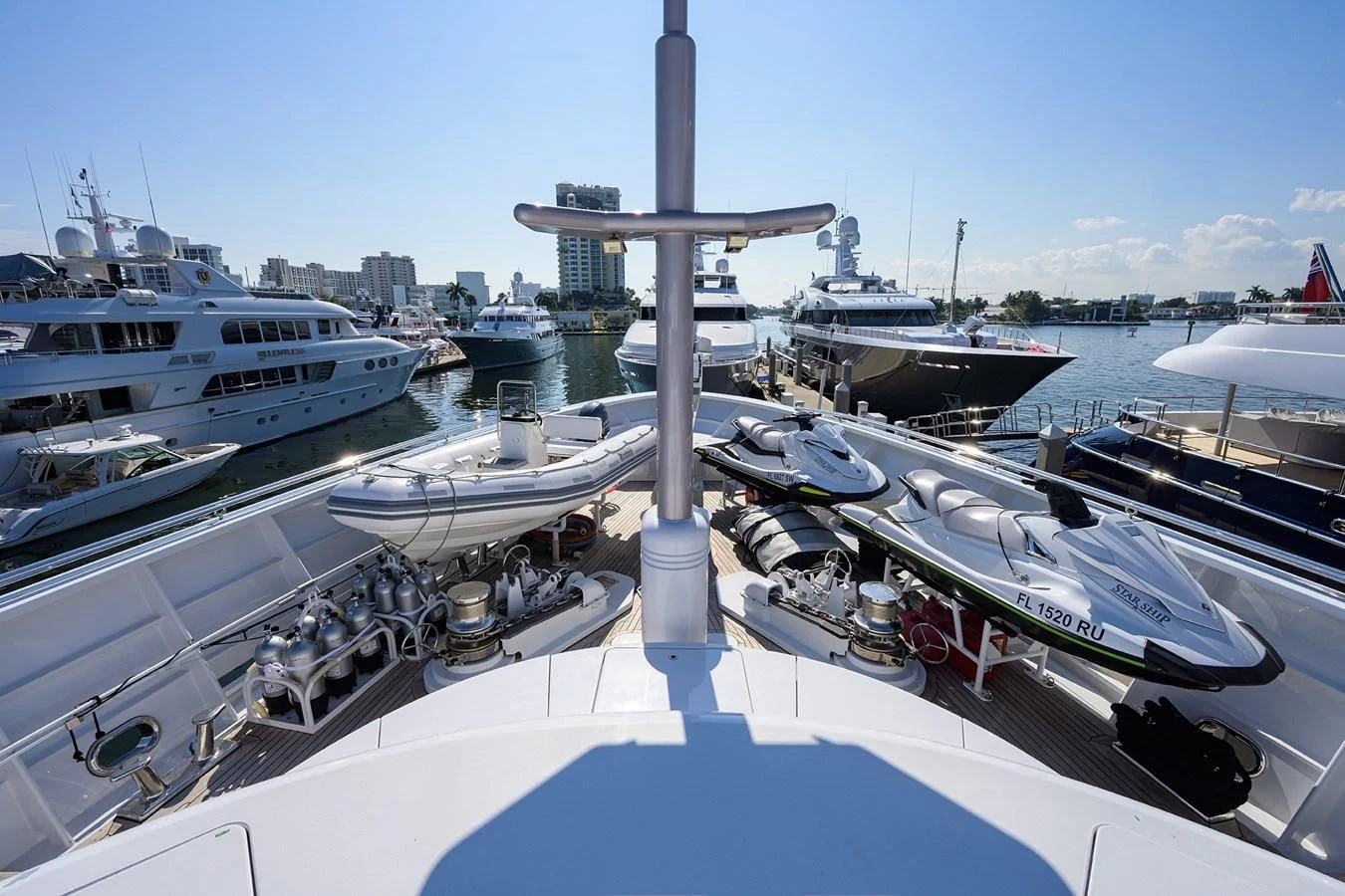 a marina with boats aboard STARSHIP Yacht for Charter
