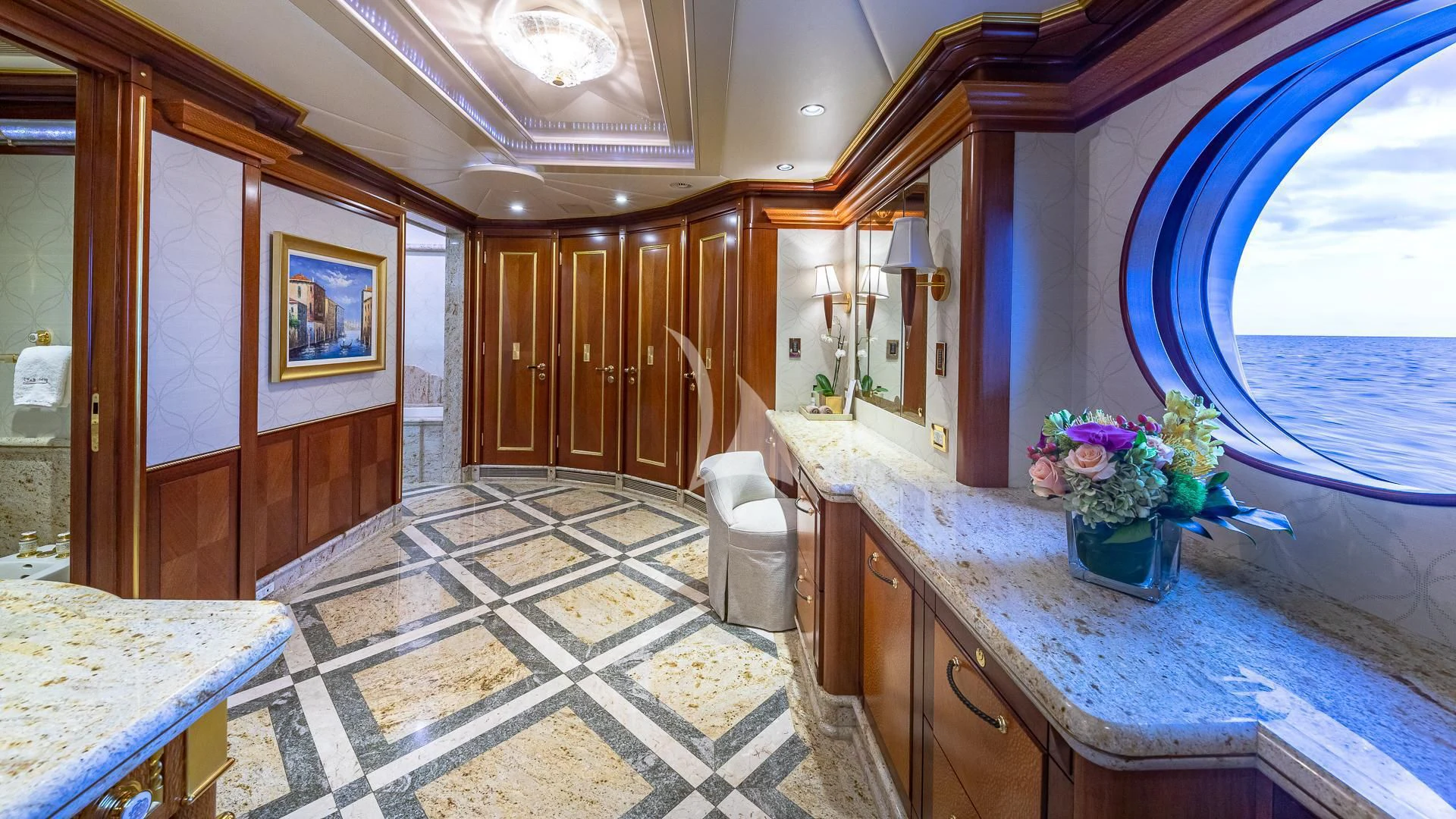 a bathroom with a large window aboard STARSHIP Yacht for Charter