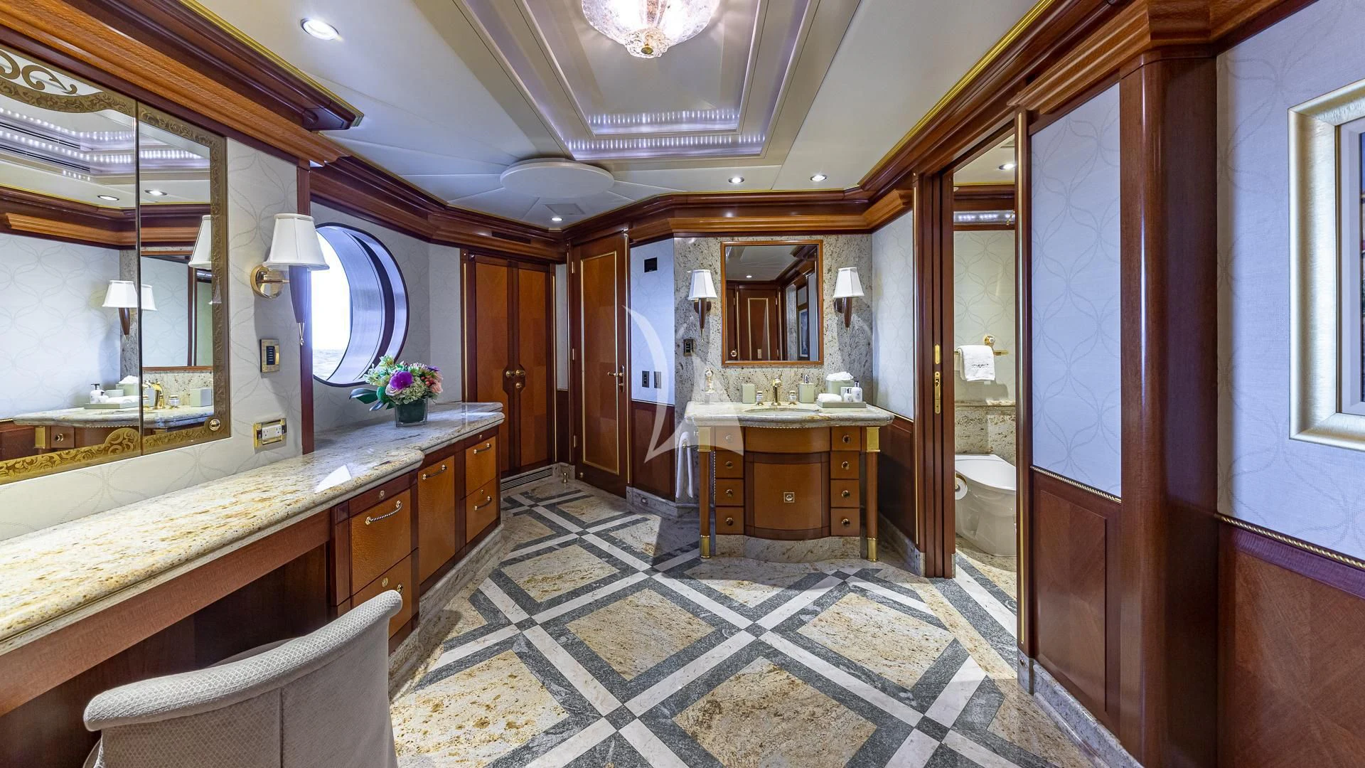 a bathroom with a marble counter top aboard STARSHIP Yacht for Charter